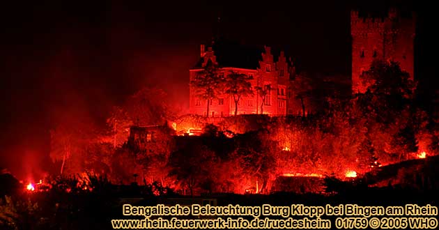 Bengal illumination of castle Klopp near Bingen on the Rhine River