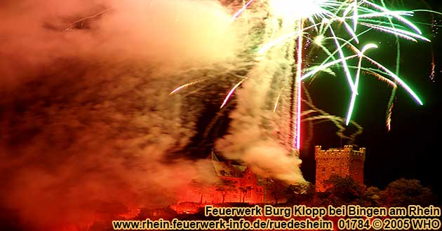 Firework display from castle Klopp near Bingen on the Rhine River.