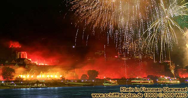 Boat cruise Rhine in Flames near Oberwesel on the Rhine River