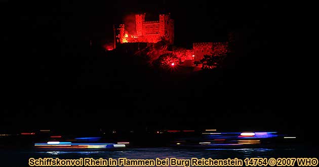 Rhine in Flames near Rudesheim and Bingen on the Rhine River, castle Reichenstein above Trechtingshausen