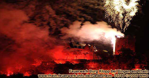 Firework display from castle Klopp near Bingen on the Rhine River