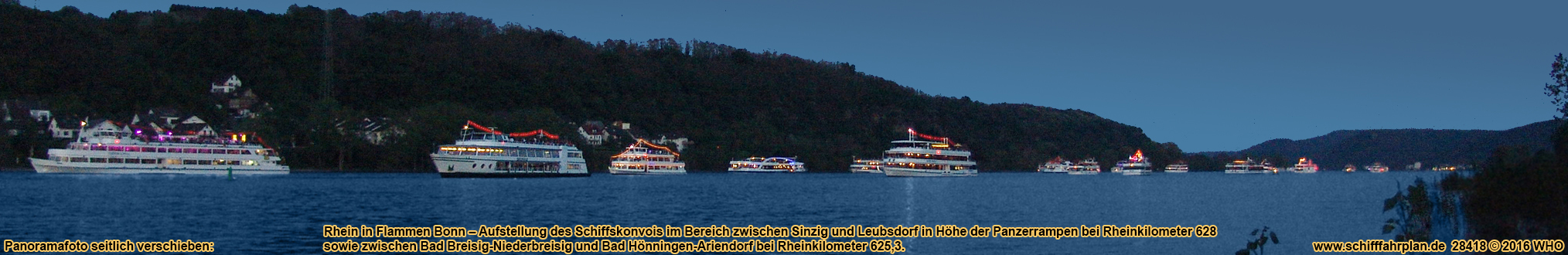 Rhine in Flames near Bonn, the boats gather between Sinzig and Leubsdorf as well as between Bad Breisig-Niederbreisig and Bad Honningen-Ariendorf 